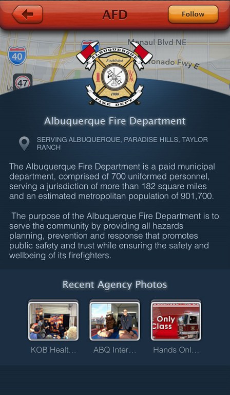 Image of the front screen of the ABQ Fire app. showing the AFR logo, the location of your selected fire station, and the text: The Albuquerque Fire Department is a paid Municipal department, comprised of 700 uniformed personnel, serving a jurisdiction of more than 182 square miles and an estimated metropolitan population of 901,700. The purpose of the Albuquerque Fire Department is to serve the community by providing all hazards planning, prevention and response that promotes public safety and trust while ensuring the safety and wellbeing of it's firefighters.