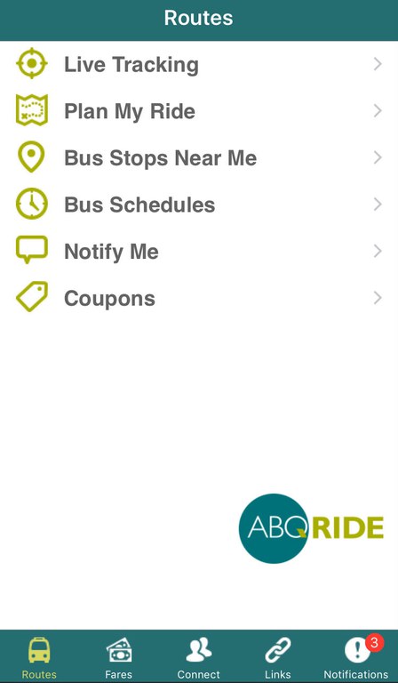 ABQ Ride App - Routes Menu