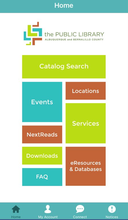 Albuquerque-Bernalillo County Library App - Home Screen