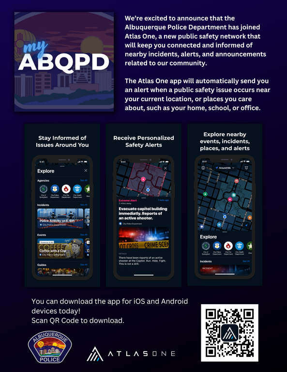 The APDMobile App homescreen showing options of Alerts, In Progress Reports, Report Chat, Crime Maps, Directory, Station Locations, News, Submit a Tip, and File a Report. The words ABQ Police Pride, Fairness, and Respect are on the bottom next to an APD badge.