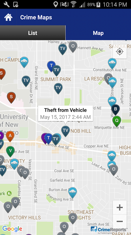 The APDMobile App crime map showing pins with different letters, colors, and icons signifying where different crimes happened. A blue grey pin labeled TV has an info bubble above it saying "Theft from Vehicle May 15, 2017 2:44 AM." Above the map there are options to view a list or a map.