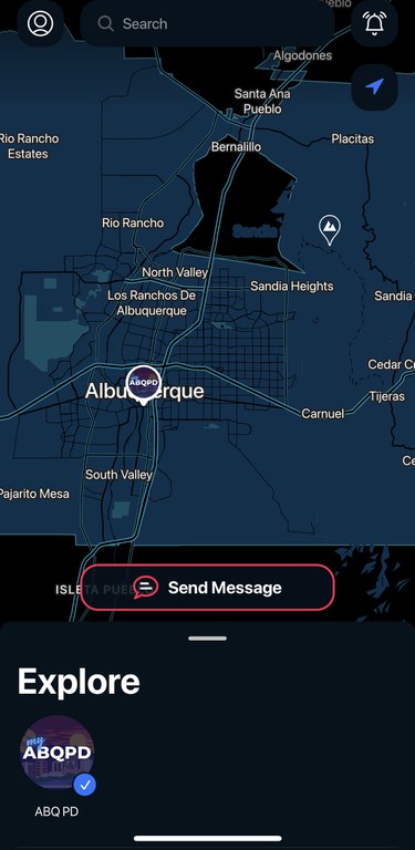 An image of a map of the main roads of of the City of Albuquerque with My ABQ PD pin on a south west substation location. A Send Message button, and Explore and My ABQ PD option are under the map.