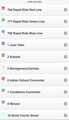 A screenshot of the Where's My Bus menu showing the ABQ Ride Routes that can be selected.
