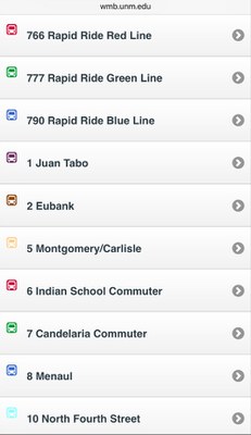 WMB ABQ Ride Menu A screenshot of the Where's My Bus menu showing the ABQ Ride Routes that can be selected.
