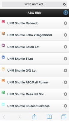 Screenshot of Where's My Bus Main Menu showing a list of the UNM shuttles that can be selected.