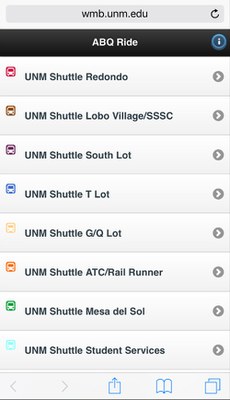 WMB Main Menu Screenshot of Where's My Bus Main Menu showing a list of the UNM shuttles that can be selected.
