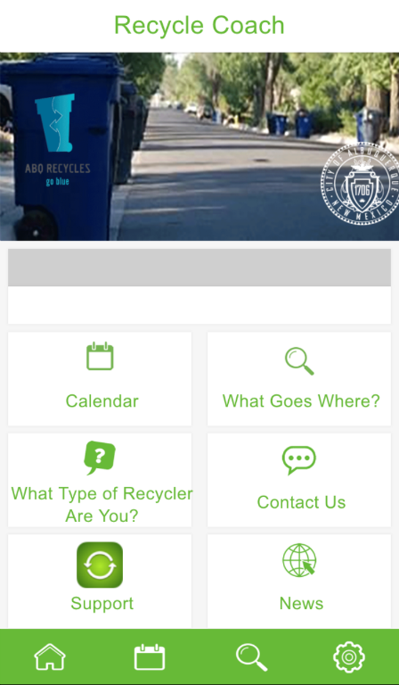 A screenshot image of the Recycle Coach mobile app. showing a row of recycling bins on a street above link boxes for Calendar, What Goes Where?, What Type of Recycler Are You?, Contact Us, Support, and News.
