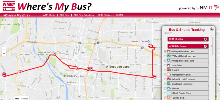 A screenshot of the desktop view of Where's My Bus showing a street map with 6 red bus icons on a red highlighted road and arrows pointing in their direction of travel. There is a Bus & Shuttle Tracking menu on the right of the image that shows options to select UNM shuttles, or ABQ Ride routes and a list of specific routes under that.