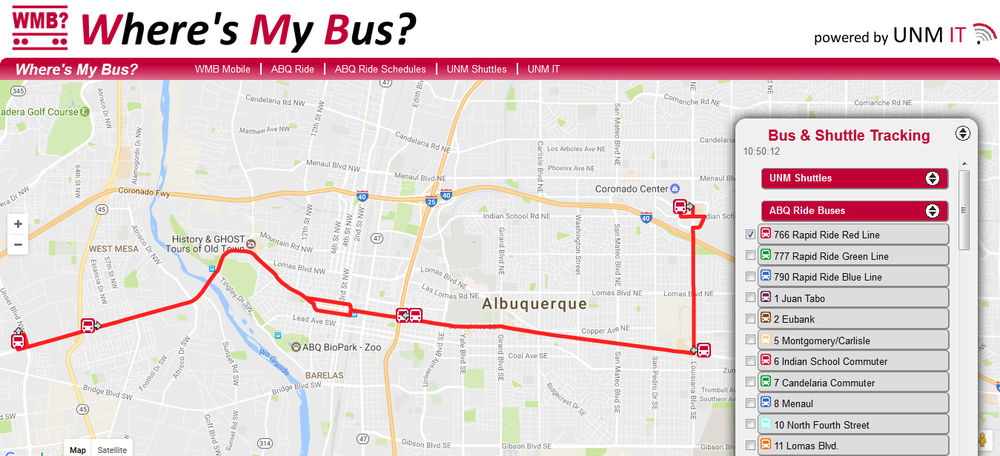 A screenshot of the desktop view of Where's My Bus showing a street map with 6 red bus icons on a red highlighted road and arrows pointing in their direction of travel. There is a Bus & Shuttle Tracking menu on the right of the image that shows options to select UNM shuttles, or ABQ Ride routes and a list of specific routes under that.