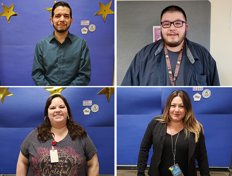 A collage of profile photos of 6 311 employees smiling at the camera in front of a blue paper background with cut-out yellow stars.