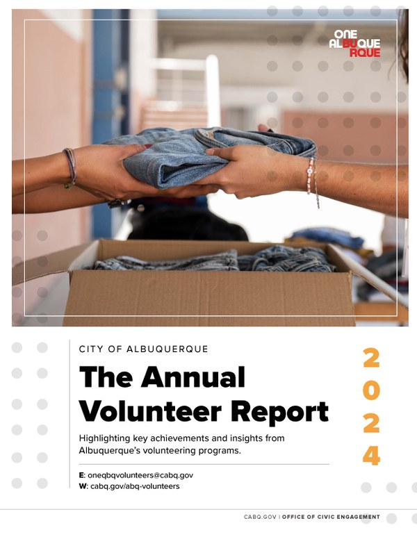 The hands of 2 people passing a pair of blue jeans over a box of blue jeans. The 2024 Annual Volunteer Report. Highlighting Key achievments and insigts from Albuquerque's volunteering programs.
