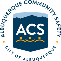 The words Albuquerque Community Safety and City of Albuquerque circling a blue shield with the letters ACS above 3 curved lines with circles on top to represent people.