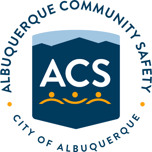 The words Albuquerque Community Safety and City of Albuquerque circling a blue shield with the letters ACS above 3 curved lines with circles on top to represent people.