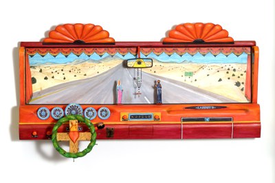 Luis Tapia born 1950 Santa Fe, New Mexico; lives La Cienega, New Mexico Chima Altar – Ford III 1992 carved and painted wood with metal, glass beads, string, and nails 35 × 60 × 17 in. museum purchase, 1991 General Obligation Bonds and private donation PC1992.79.1