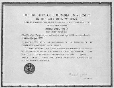 Pulitzer Prize certificate, 1944, Courtesy Indiana University Department of Journalism