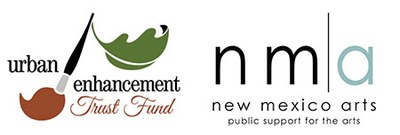 Two graphic logos representing the funding entities supporting Third Thursdays at the Museum. On the left is a stylized paintbrush with a black handle and a stylized green leaf at the end of the handle with a full reddish-brown bristle representing the logo of the Urban Enhancement Fund. On the right is the acronym for New Mexico Arts.