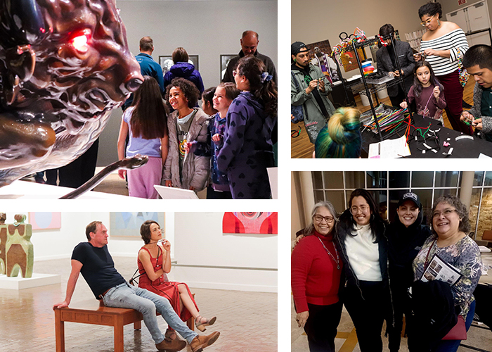 A collage of four photos featuring people visiting various galleries and exhibitions at the Albuquerque Museum. Clockwise from top left: A group of young girls smile at a large sculpture of a fantastical animal. A group of people, including adults and children, work on a craft project using multi-colored pipe-cleaners. A man and a woman rest on a wooden bench and look at a gallery piece that's out of frame. A group of four middle-aged women gather for a group photo. They are standing in a row and smiling at the audience.
