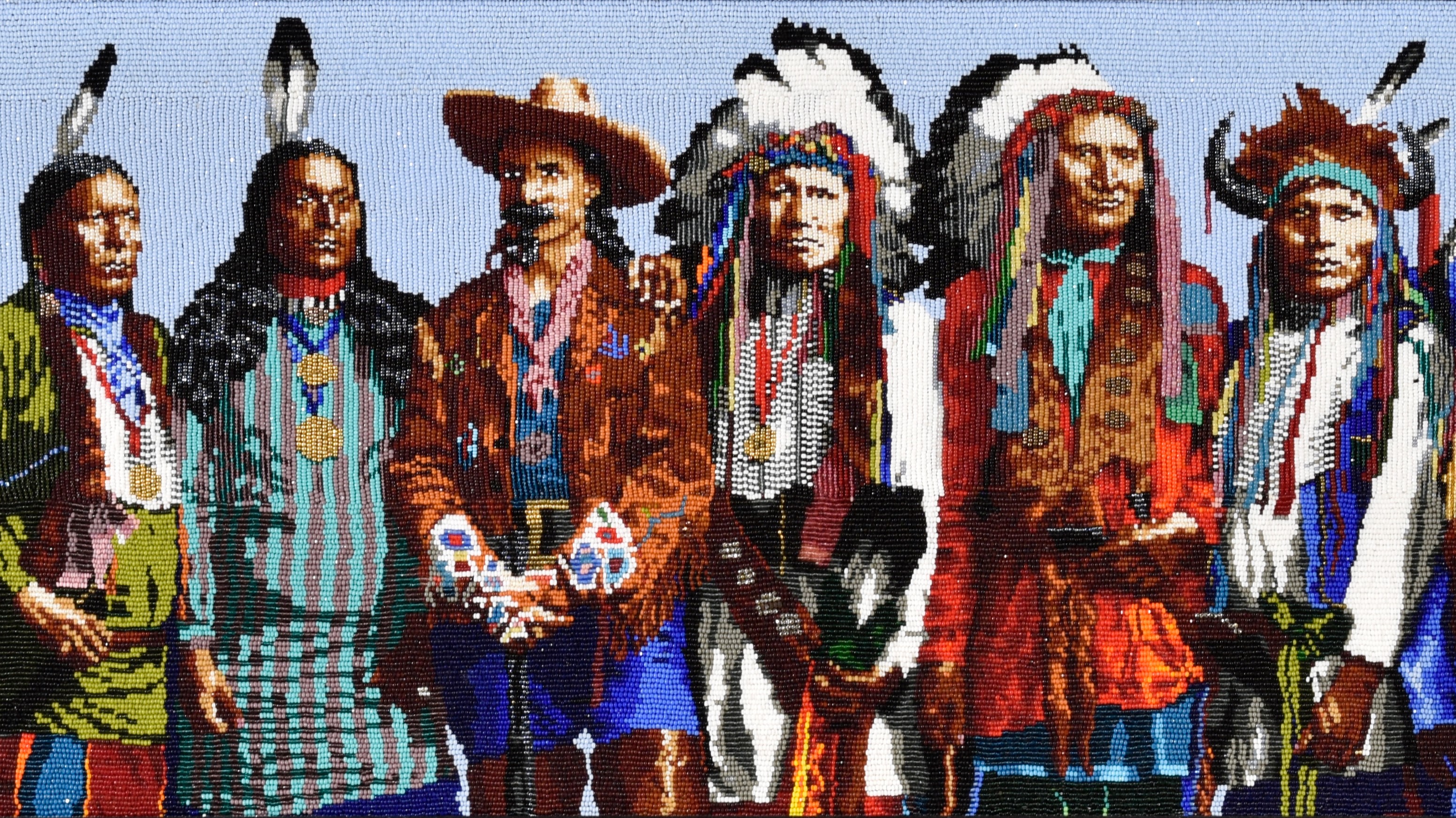 Marcus Amerman (Choctaw), Buffalo Bill Cody with Pawnee and Lakota Men, ca. 2010s, glass beads on fabric, 9 3/8 × 26 7/8 in., gift of the estate of Ruth and Sidney Schultz