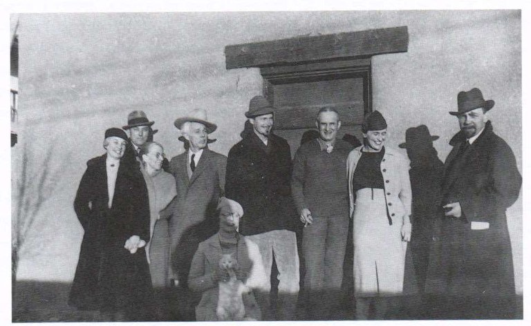 The Transcendental Painting Group (New Mexico, 1938): Bess Harris, R. S. Horton, Bisttram´s mother, Lawren Harris, Marion Bisttram, Robert Gribbroek, Emil Bisttram, Isabel McLaughlin, and Raymond Johnson