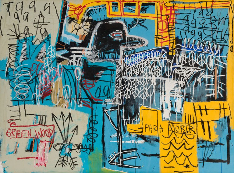 JEAN-MICHEL BASQUIAT  Bird On Money, 1981, acrylic and oil on canvas, 66 x 90 in. (167.6 x 228.6 cm), Rubell Family Collection, acquired in 1981