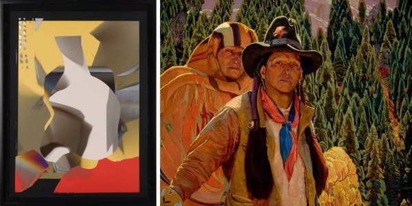 Common Ground Banner Image Sept 2025 Larry Bell artwork of mixed medias on black paper next to Ernest L. Blumenschein oil on canvas painting of two Native American men