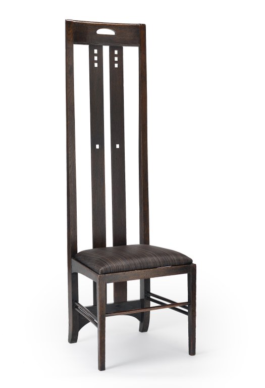 Charles Rennie Mackintosh (designer) High-backed chair for the Ingram Street Tea Rooms, 1900-1901 	Stained oak, modern horse-hair upholstery, 59 x 18 5/8 x 17 1/8 in. 	Glasgow Museums, Acquired by Glasgow Corporation,  as part of the Ingram Street Tearooms, 1950	 © CSG CIC Glasgow Museums Collection Courtesy American Federation of Arts