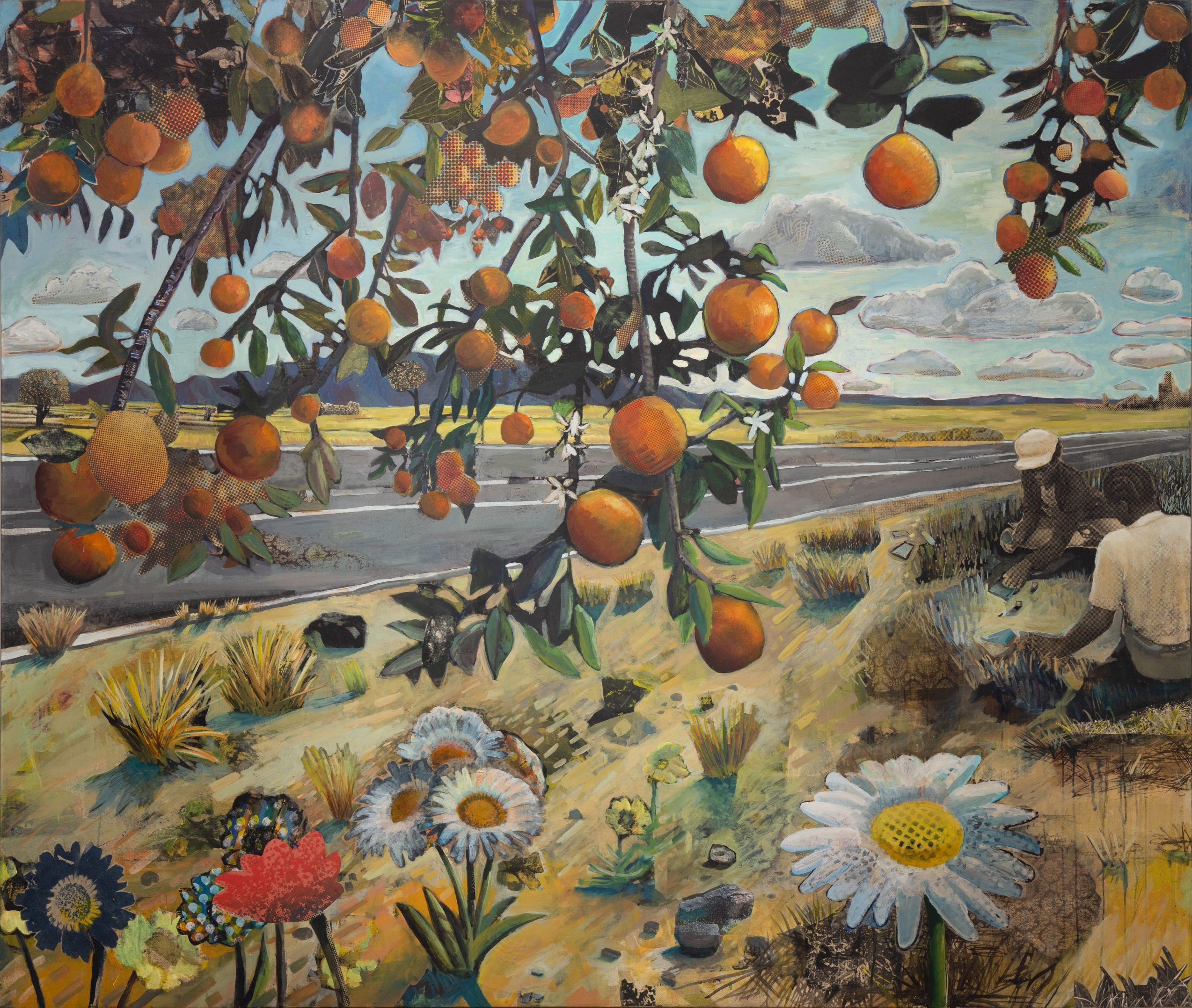 Karsten Creightney, Outskirts, collage, acrylic, oil and wax on wood of flowers, fruit tree, and two people in front of a landscape of a road and mountain range