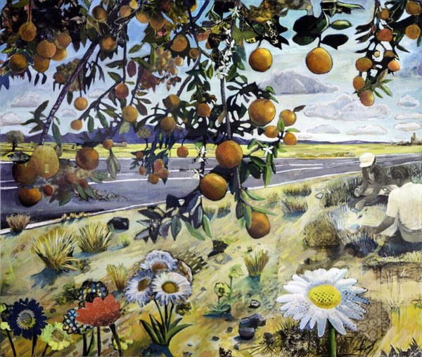 Karsten Creightney, Outskirts, a collage, acrylic, oil and wax on wood, showing flowers, fruit trees, two people kneeling in front of a landscape of a road and mountain range