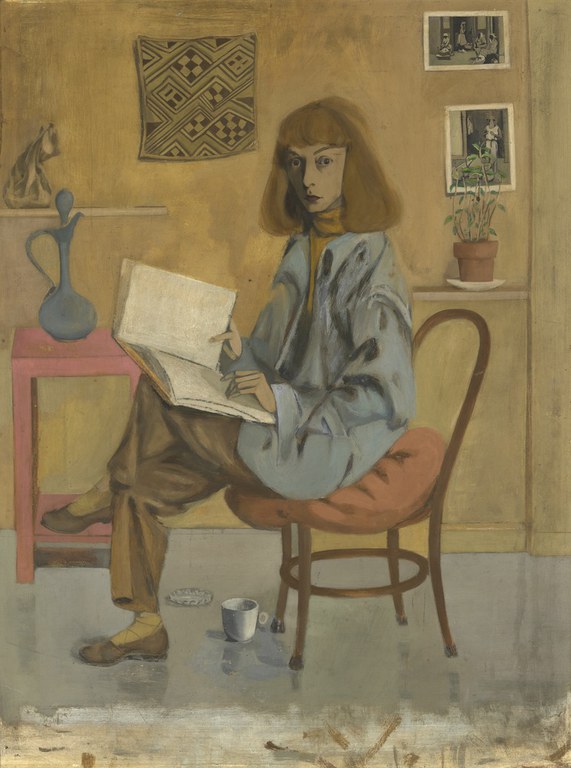 Painting of a woman sitting on a chair and reading
