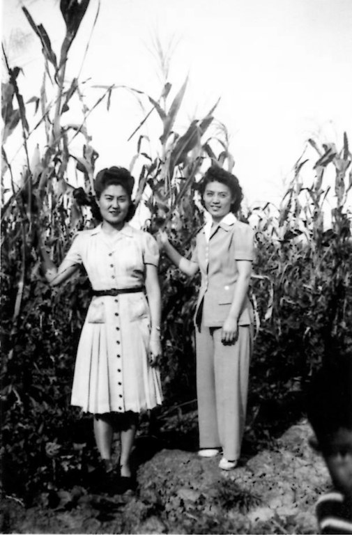 Evelyn Saeda (right) stands in a corn field near Albuquerque on August 30, 1942. She was the daughter of Japanese immigrants and the mother of Steve Togami, current president of the New Mexico Japanese American Citizens League. Courtesy of the Togami family.