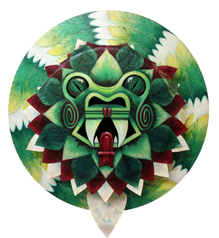 Arnold Puentes , Feathered Serpent, 2001,  Acrylic on canvas, plywood, mixed media, 36” diameter