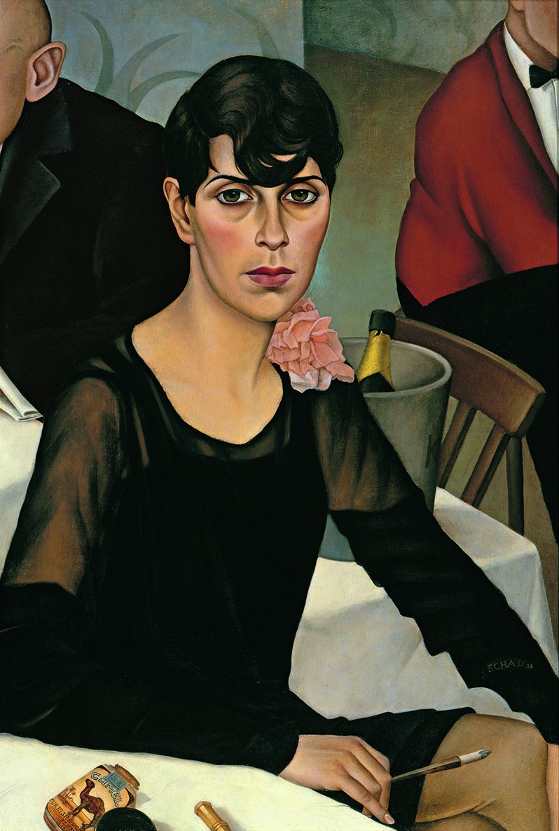 Painting of short-haired figure at a table smoking.