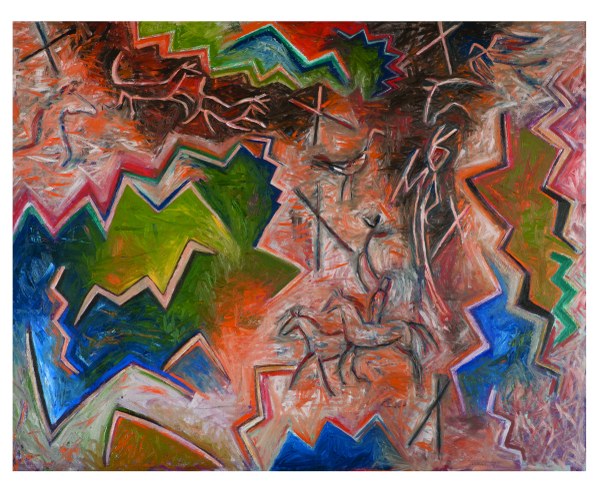 A painting featuring stylized figures of people and horses mixed in with geometric lines and shapes in various colors.
