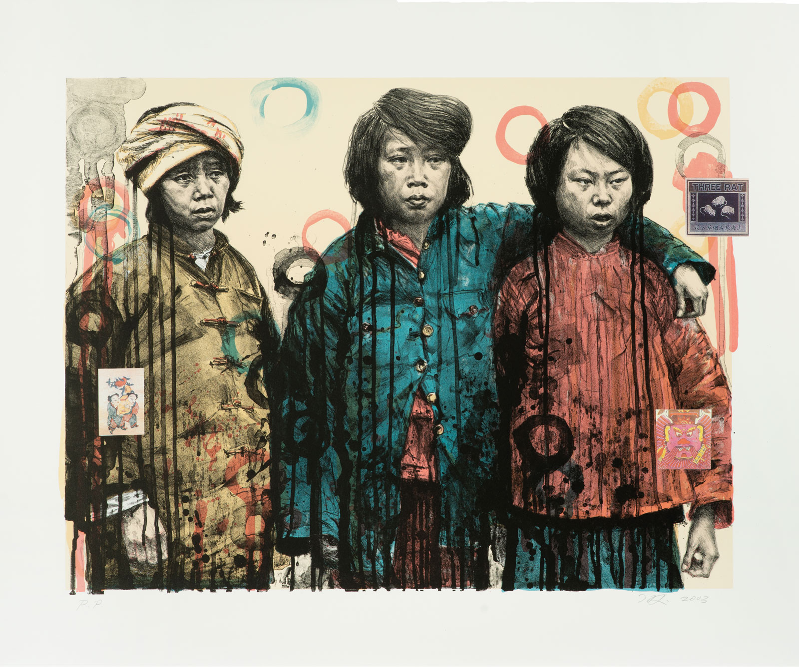 Hung Liu, born 1948 Changchun, People’s Republic, China; lives Oakland, California, Sisters in Arms I, 2003, 6 color lithograph with chine collé of chinese designs, Albuquerque Museum, gift of Marjorie Devon, PC2014.59.1