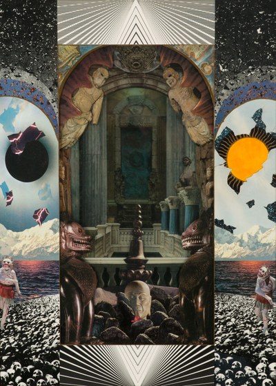 Carlos Quinto Kemm, Sunyata’s Temple, 1984, glass and collage, Albuquerque Museum, gift of Gussie and Elmer Schooley, PC1985.92.1