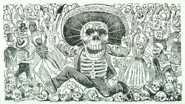 An artwork by José Guadalupe Posada, in black and white, featuring dia de los muertos figures.