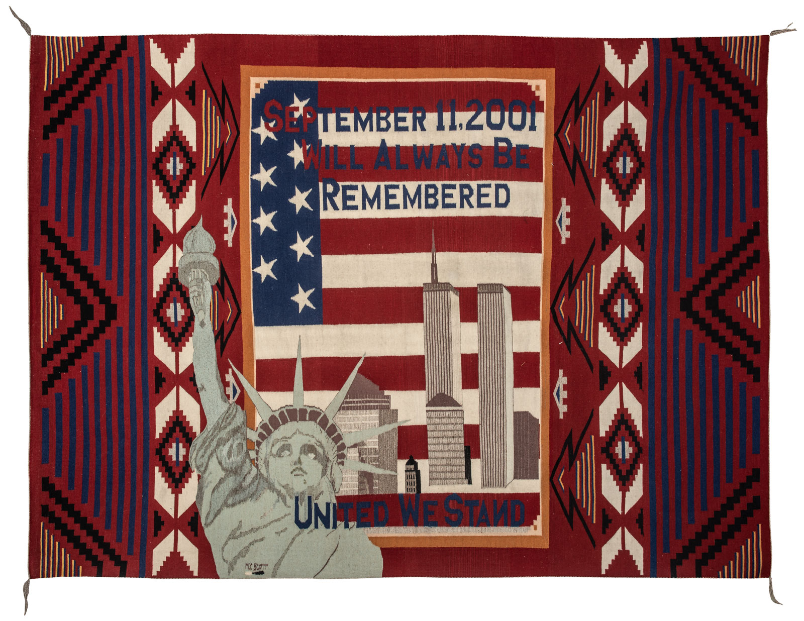 Marilyn Y. Scott, Diné, born Blue Canyon, Arizona 1983; lives Tuba City, Arizona, September 11 Tribute Rug, began November 2001, completed 2002, aniline dye on wool, Albuquerque Museum, museum purchase
