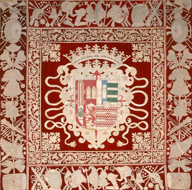 Repostero, 1665, silk, velvet, gold, silver, linen and jute, 142 x 142 in. (360.7 x 360.7 cm) Albuquerque Museum. Gift of the 18th Duke (Don Beltran Osorio y Diez de Rivera) and Duchess of Alburquerque, Spain via the City of Albuquerque Public Art Program, PC1973.33.1