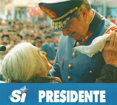 Unidentified artist, Sí Presidente ([Vote] Yes President [Pinochet]), Chile, 1988, offset lithograph, 21 x 23 1/2 in., Sam L. Slick Collection of Latin American & Iberian Posters (Chile, Drawer 34, Folder Miscellaneous), CSWR, University Libraries, University of New Mexico. Dictators and the Disappeared: Democracy Lost and Restored. June 2023