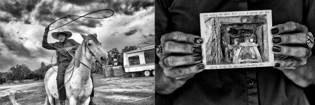 Chip Thomas, Jordan, Jr on horseback and Cyndy John Begaye holding a photo of her dad, a uranium miner