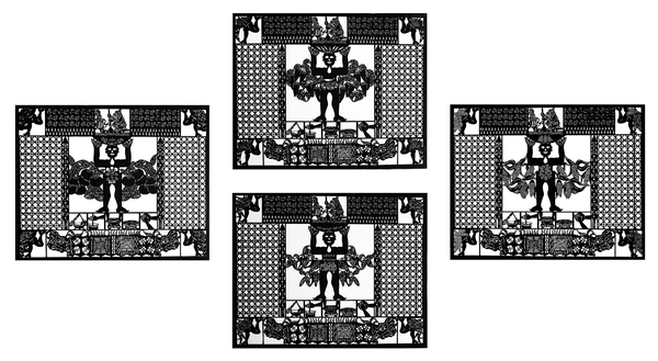 Four black papel picado (cut paper) works arranged into cardinal directions. Each work features a figure holding a traditional Mexican crop.