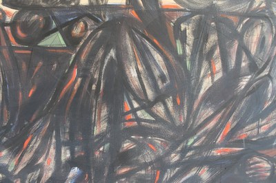 Gronk Detail 3 A detail image of Gronk's 2011 Visiting Artist installation, showing expressionistic black and red marks on a tan wall.