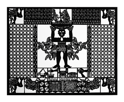 A black papel picado (cut paper) work featuring a figure holding beans.