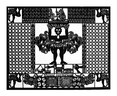 A black papel picado (cut paper) work featuring a figure holding chiles.