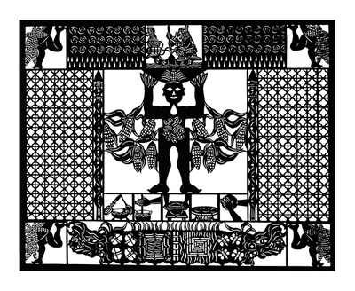 A black papel picado (cut paper) work featuring a figure holding corn.