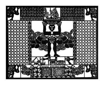 A black papel picado (cut paper) work featuring a figure holding tomatoes.