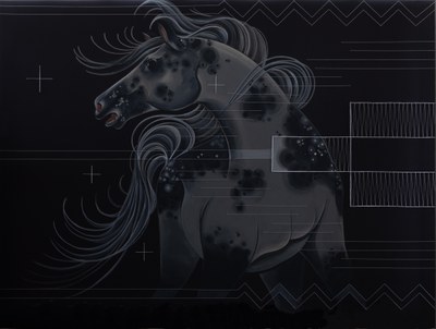 Nanibah Chacon, "Erase the Horse..." Detail of "Erase the Horse..." by Nanibah Chacon, showing the left side of the mural which features a white horse against a black background.