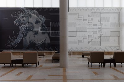 Nanibah Chacon, "Erase the Horse..." "Erase the Horse..." by Nanibah Chacon, a large, black-and-white mural featuring a horse opposite a geometric design, installed in the lobby of the Albuquerque Museum.