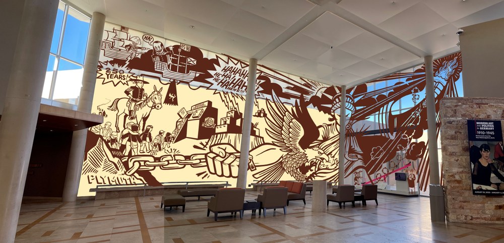 Eric J. García, Since 1776... (preparatory sketch) A mural on the wall and window of the Albuquerque Museum lobby. On the left is a soldier on horseback watching a line of people walking into an ice box. In the center is the Statue of Liberty in chains. On the right are two children running towards Teeter-Totter Wall (2019) by Ronald Rael, Virginia San Fratello, and Colectivo Chopeke.