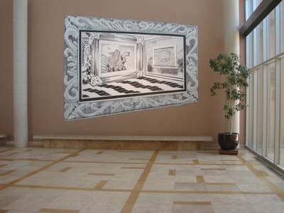 A detail image of the right half of a two-panel, black-and-white mural installed on the wall of the Albuquerque Museum lobby. The panel depicts the interior of a surreal room, surrounded by a faux frame.